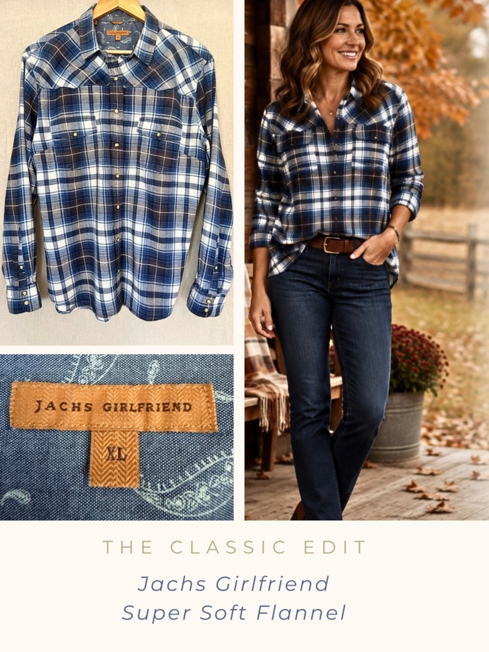 JACHS Girlfriend Blue Plaid Flannel Shirt | Pearl Snap Lightweight | 100% Cotton